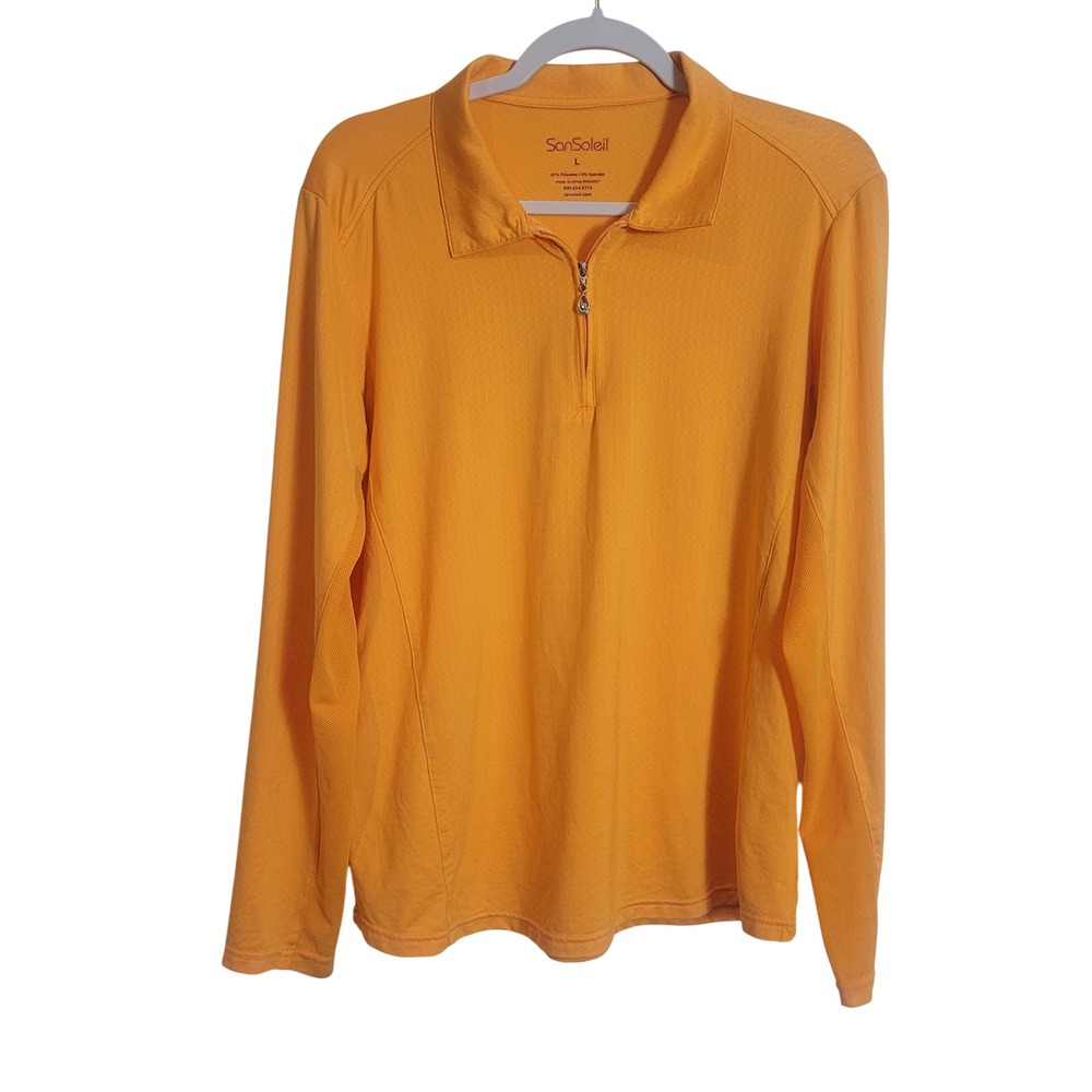 SanSoleil Women Orange Long Sleeve Quarter Zip Golf Polo Shirt Mesh Panels Large